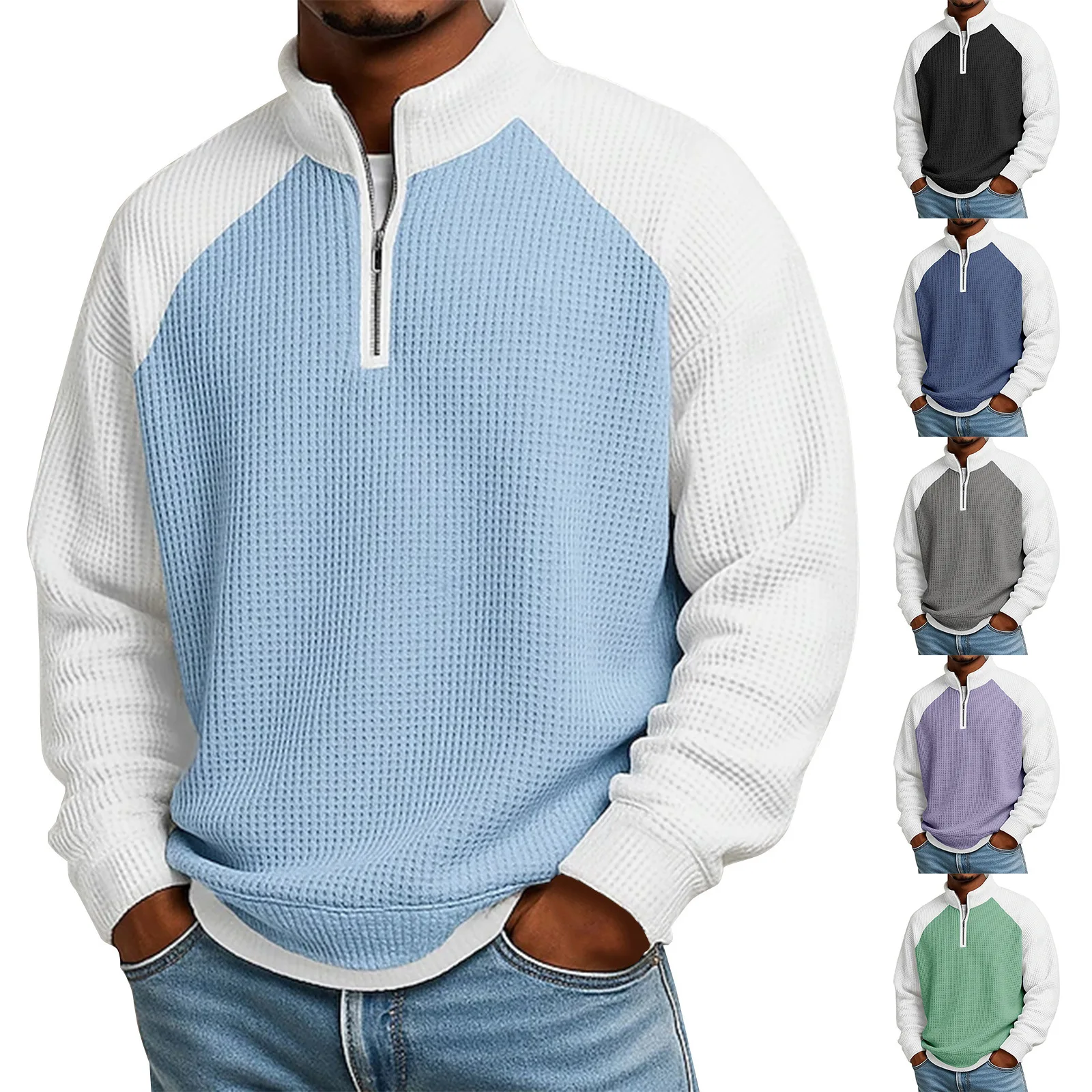 Waffle Contrasting Color Stand-up Collar Long-sleeved T-shirt Men's Sports And Leisure Simple Men's Sweater