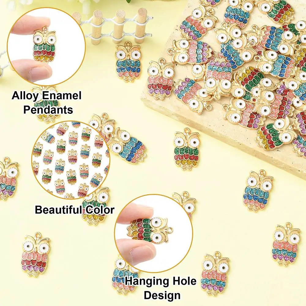 40pcs Alloy Enamel Owl Charms Jewelry Decor Multicolor Glitter Powder Animal Pendant for DIY Earrings Bracelet Necklace Crafts