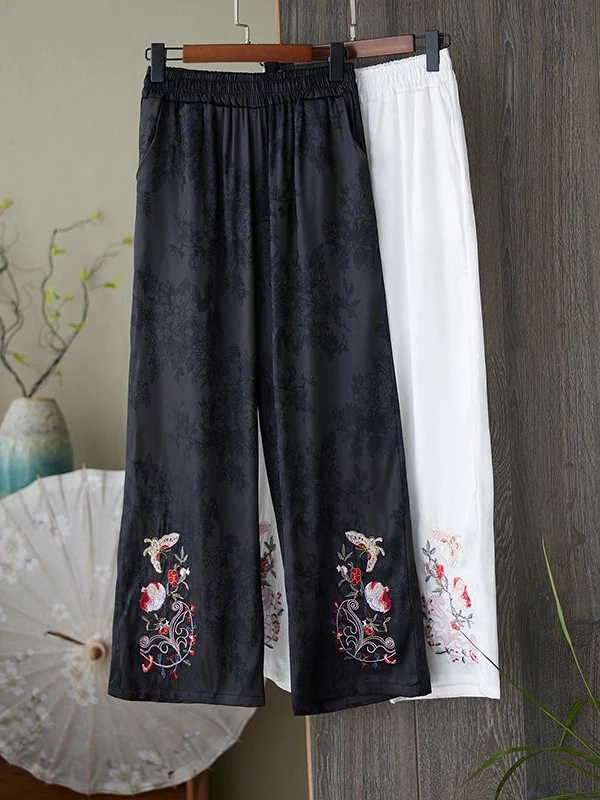 Retro Embroidered Loose Long Pants Elastic Waist High Waist Straight Leg Korean Style Commute Fashion Ethnic Tka Pattern
