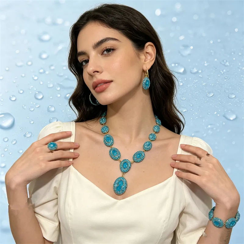 Temperament French Vintage Crystal Stone Necklace Ring Earrings Bracelet Luxury Party for Ladies African Four Piece Jewelry Set