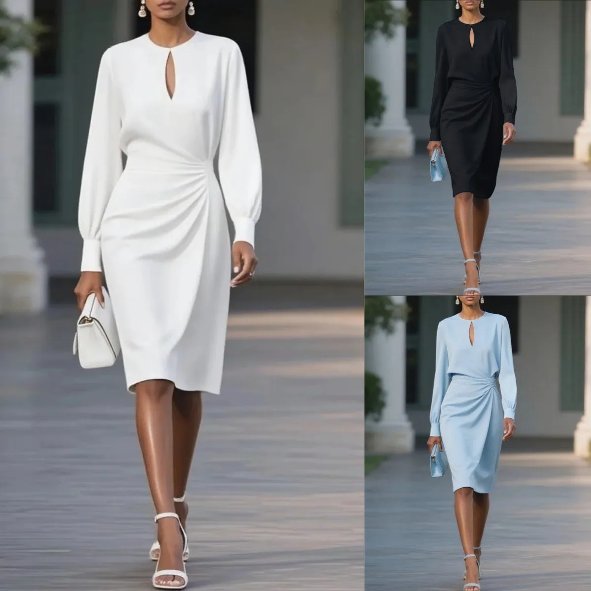 Elegant Party Dress for Woman, Women's Evening Hollow Out Long Sleeve Knee Length Keyhole Cutout Midi Dress with Ruched Waist