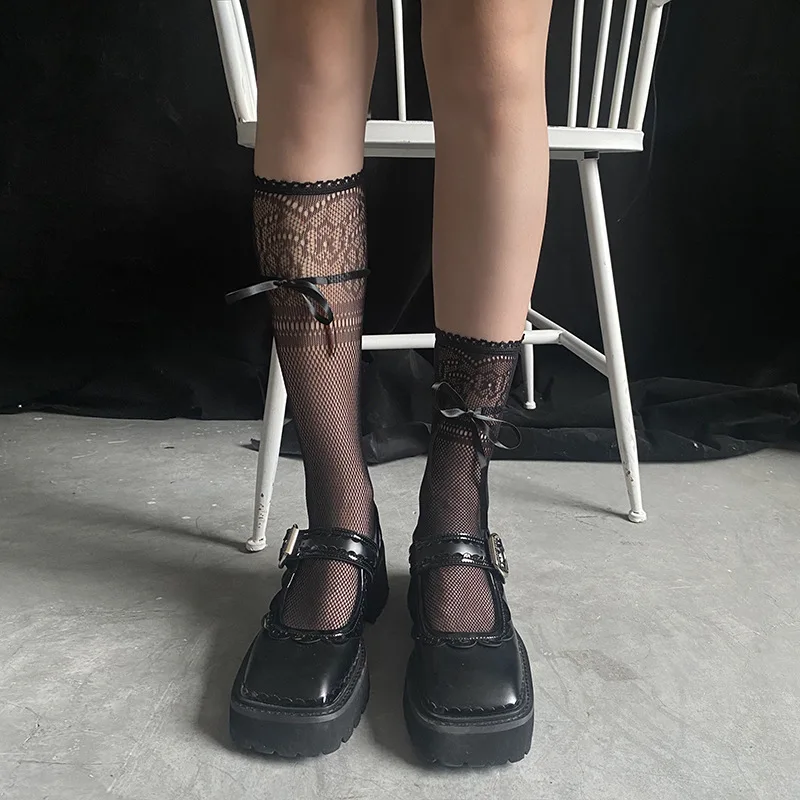 

JK Japanese Style Long Socks Stockings Lolita Sweet Girls Cute Ruffles Knee Socks Women Bandage Bowknot Mesh Fishnet Lace Socks