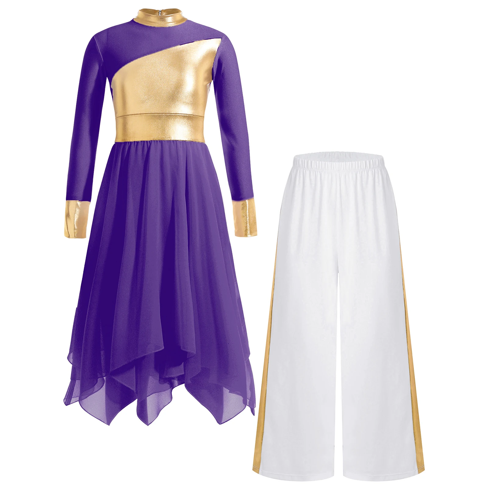 

Kids Girls Liturgical Dance Outfit Long Sleeve Metallic Church Praise Dance Dress with Wide-Leg Pants Lyrical Performance Sets