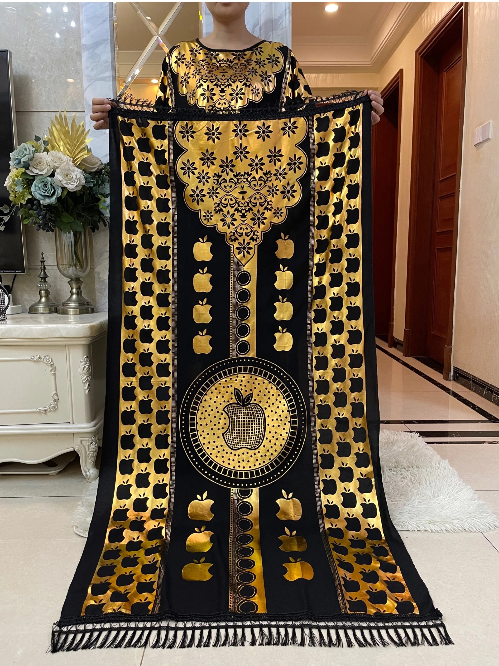 Muslim Summer Short Sleeve Cotton Robe Gold Stamping Boubou Maxi Women Femme Loose Dress With Big Scarf African Ramadan Abaya