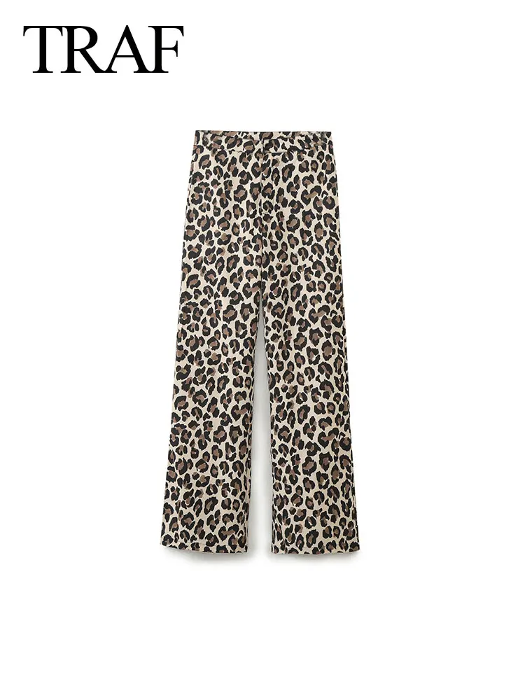 TRAF 2024 primavera moda femminile pantaloni lunghi a vita alta stampa leopardata Casual Versatile femminile Street Vintage pantaloni a gamba dritta