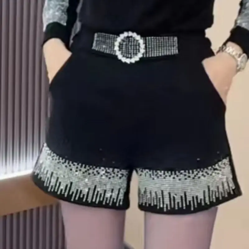 Women Korean Fashion Rhinestone Black High Waist Short Pants Autumn Winter Female Elegant Chic Pockets Slim Thick A-line Shorts