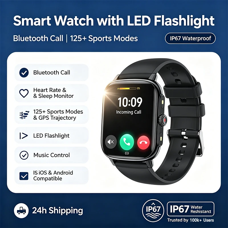 

Умные часы 2026 IP67 водонепроницаемые с LED-фонариком, Bluetooth-звонками, 150+ спортивными режимами, мониторингом сердечного ритма и здоровья для iOS/Android