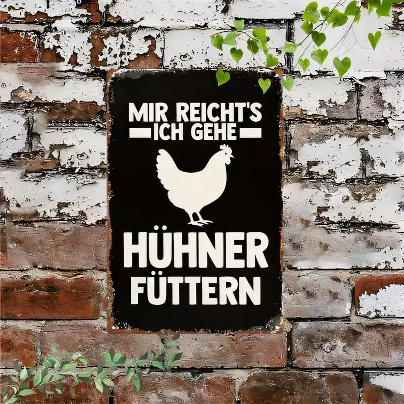 Vintage Metal Chicken Feeding Sign - Black & White Retro Wall Art with German Text, Iron Plaque for Farmhouse Kitchen Rustic Dec