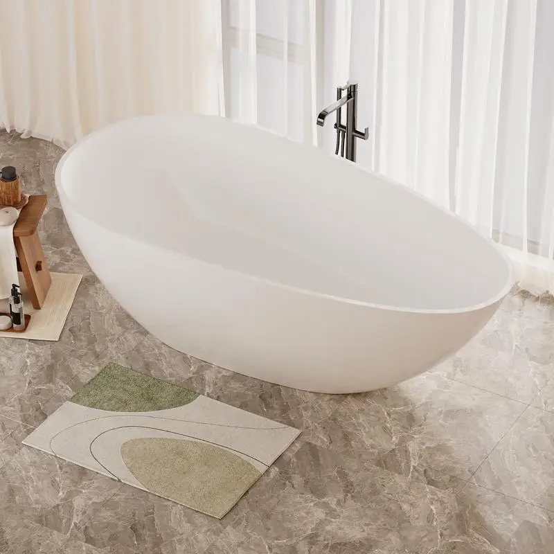 

59" Freestanding Solid Surface Soaking Bathtub, Luxury Handcrafted Stone Resin with Overflow & Pop-up Drain, Glossy White