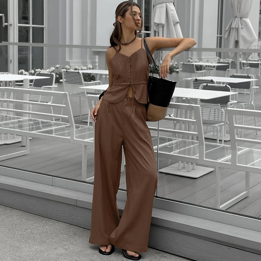 

Костюм Linad: Весенний повседневный комплект из двух предметов для женщин – уличный шик, однобортный жилет и брюки с широкими штанинами, 2026, с бантами