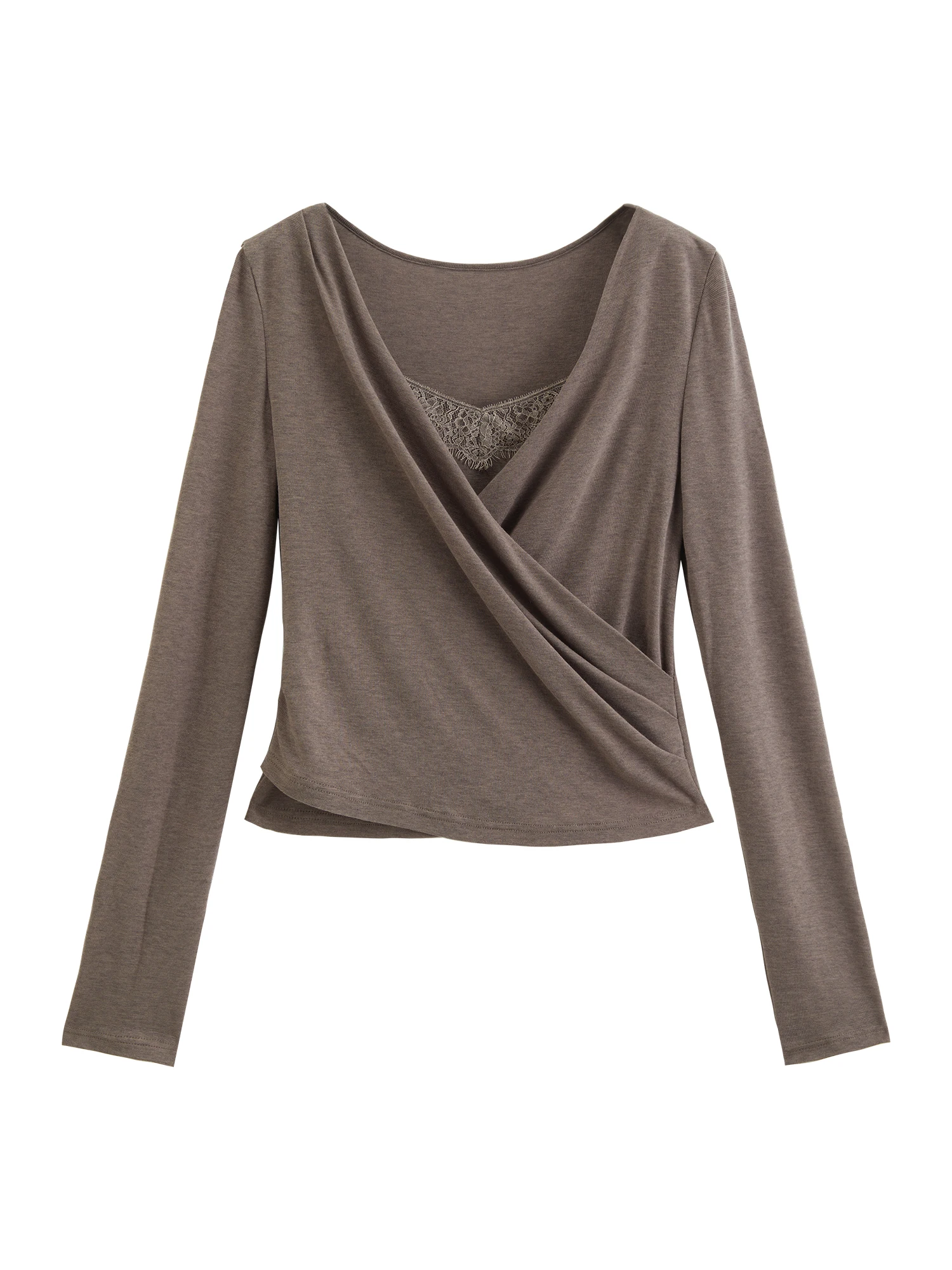ZIQIAO Lässiges Spitzen-Splicing-Woll-T-Shirt mit Kreuz-V-Ausschnitt und Langen Ärmeln für Damen, Herbst 2026, Neuer Stil, Sexy, Schlank, Einfarbig – Detail 17