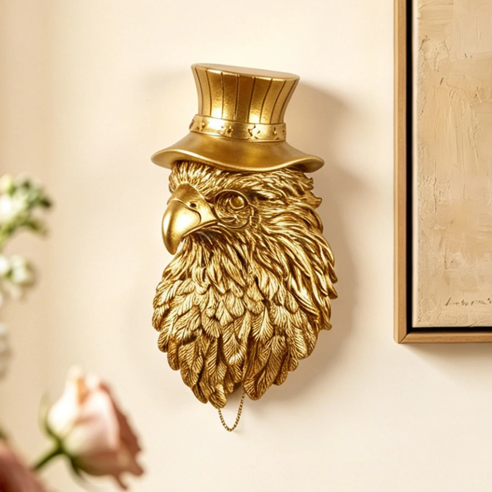Gold Eagle Head Wall Decor with Top Hat Monocle Resin Sculpture Luxury 3D Wall Art for Bar Living Room Home Decoration