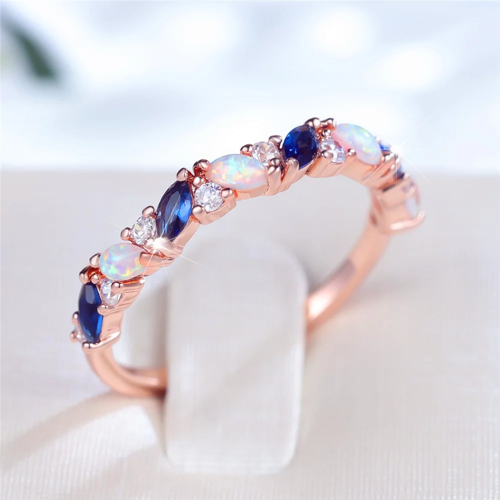 Blue Crystal Marquise Stone Rose Gold Color Ring White Fire Opal Wedding Jewelry Promise Love Engagement Rings For Women
