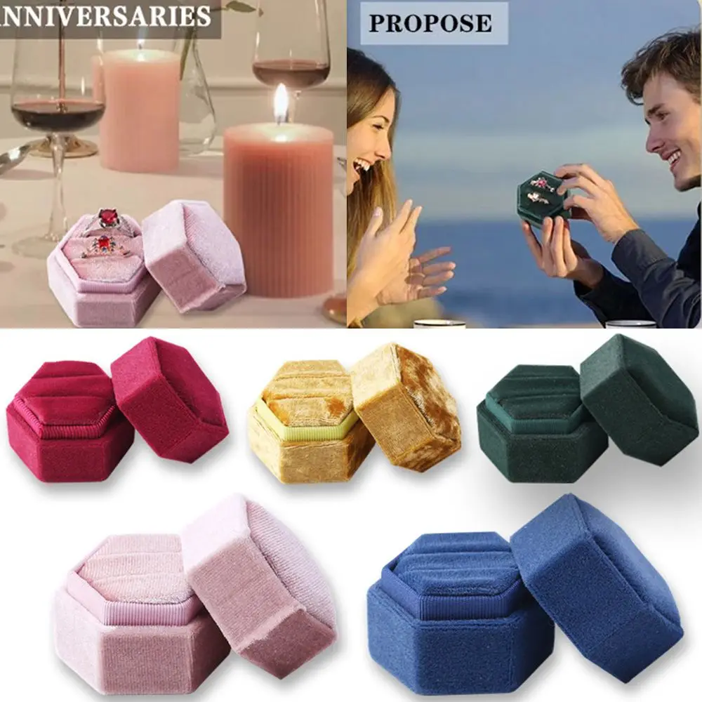 High-quality Exquisite Hexagon Shape Velvet Jewelry Box Double Ring Storage Box Ring Display Box Earrings Storage Box