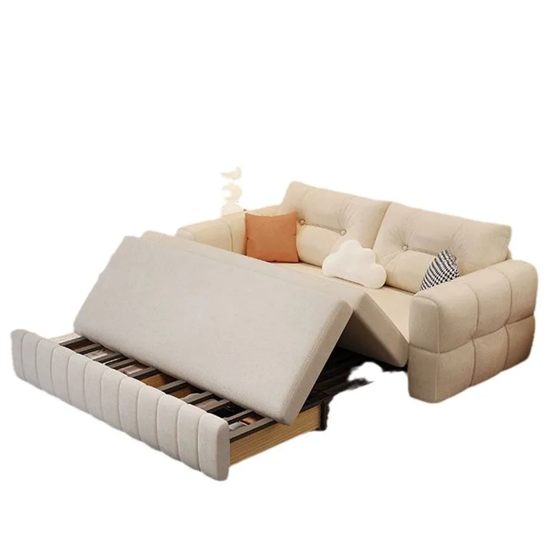 

Technology flannel sofa bed dual-purpose foldable small apartment cream double living room multi-functional integrated storage