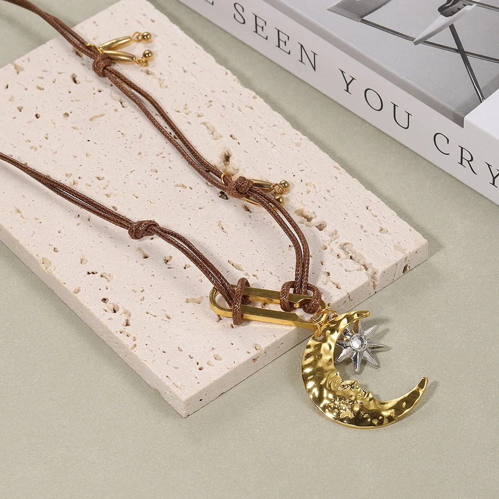 Retro-Boho-Stil, Nischendesign, modische Halbmond-Stern-Wachsseil-Halskette, verstellbare Accessoires für Damen, Schmuckgeschenke – Detail 5