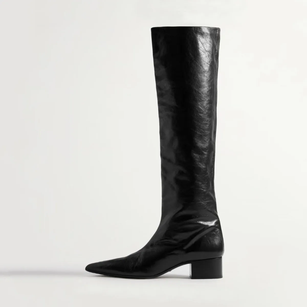 Arden Furtado Winter Black Cowhide Pointy Mid-heel Knee-high Boots Solid Color Heightening Fashion Elegant High Boots Large Size