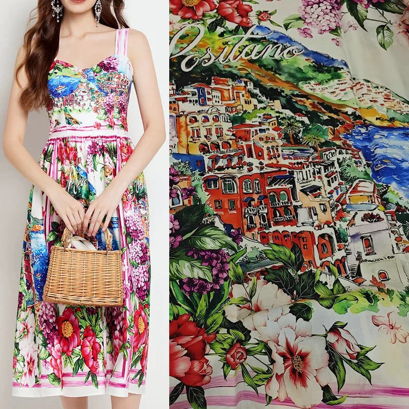 

Town and Rose Flower Pattern Printed Poplin Cotton Fabric For Women's Skirt Blouse DIY Cloth Sewing Material Fabric