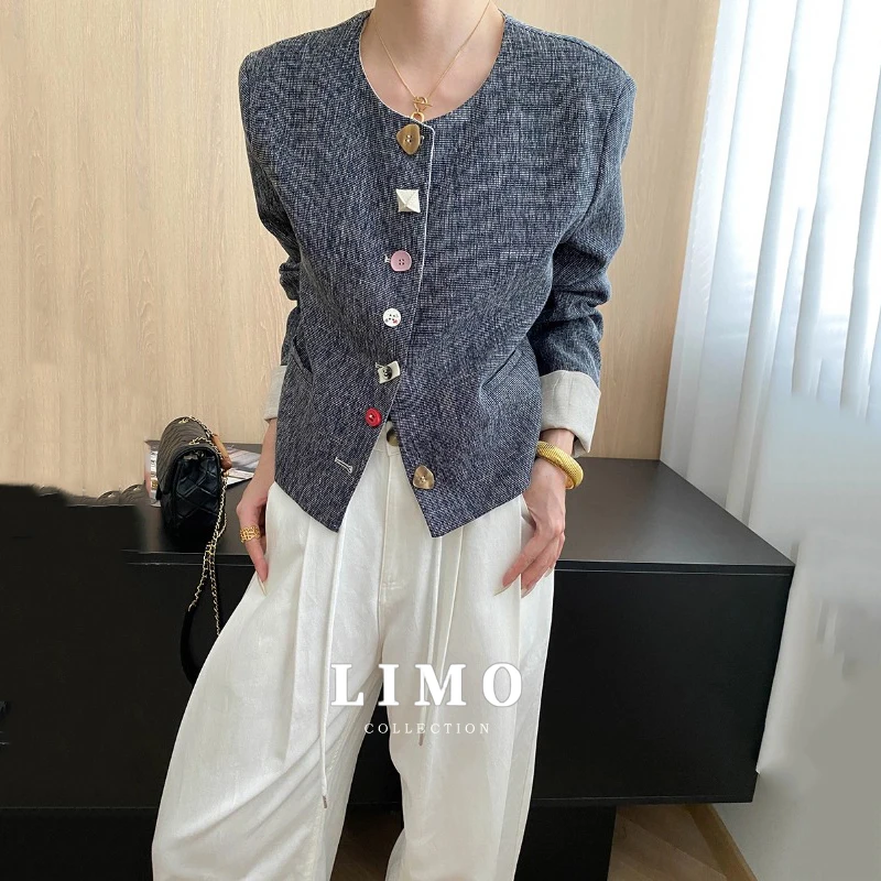 

LIMO осенне-зимняя модная короткая куртка для женщин с асимметричным декором на пуговицах и свернутыми рукавами, легкий полиэстер, хлопок