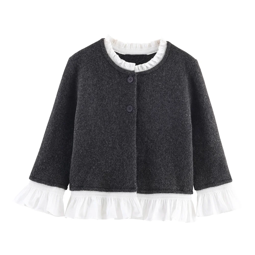 

Осенняя новая женская одежда, дизайн, многослойное украшение, вязаная куртка из поплина с круглым вырезом и рукавами семь четвертей