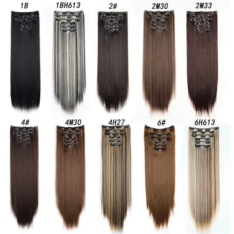 24 Zoll 16 Clips in Haarverlängerungen, lange, glatte Frisur, blonde, schwarze Haarteile, hitzebeständiges Kunsthaar, für den täglichen Gebrauch, Cosplay – Detail 3
