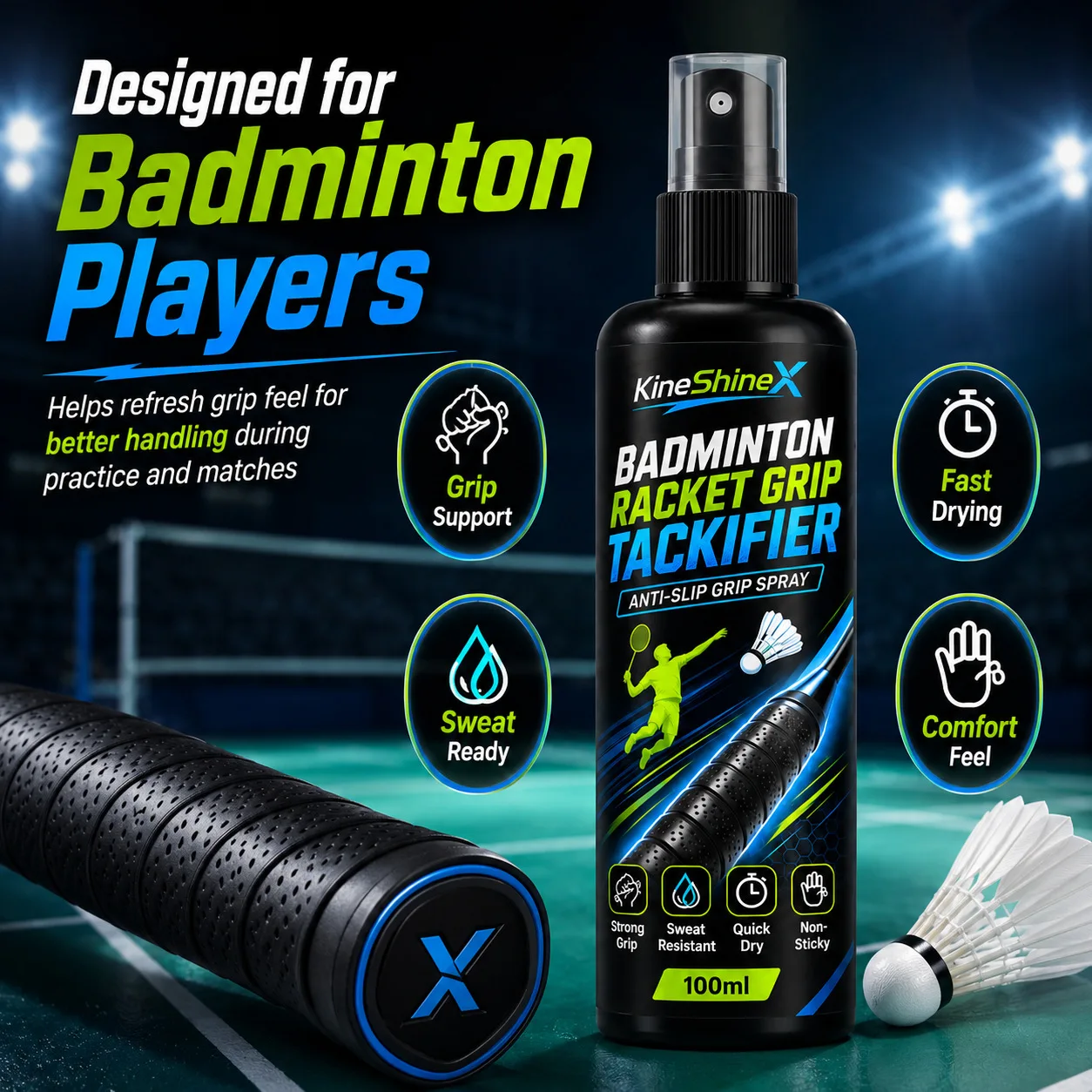 Racket Grip Tackifier Spray Anti-Slip Quick-Dry Grip Enhancer for Badminton, Tennis, Pickleball, Squash and Other Sports Rackets