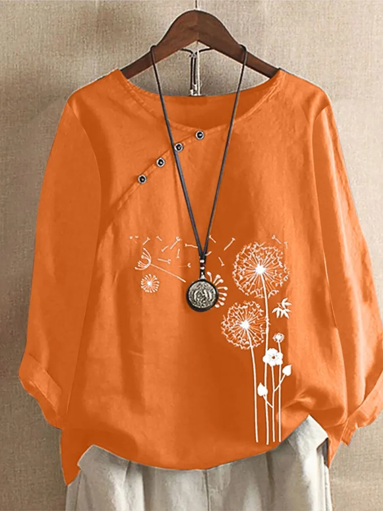 Autumn New Women's Long Sleeved Loose Round Neck T-shirt Fashionable Printed Button Up Women's Top Casual And Comfortable