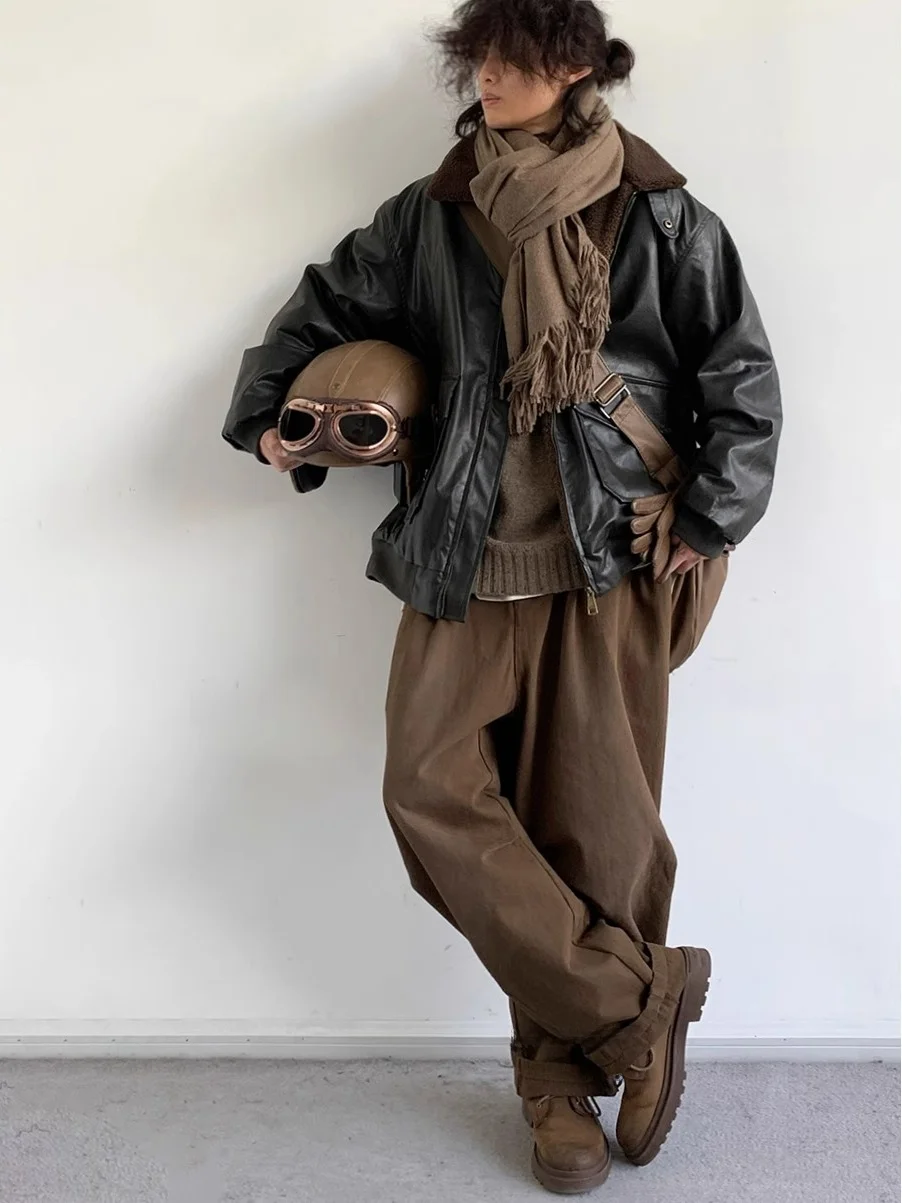 Retro Japanese Neutral Brown Work Trousers Men Women Spring Autumn Basic Loose Straight Leg Long Casual Pants