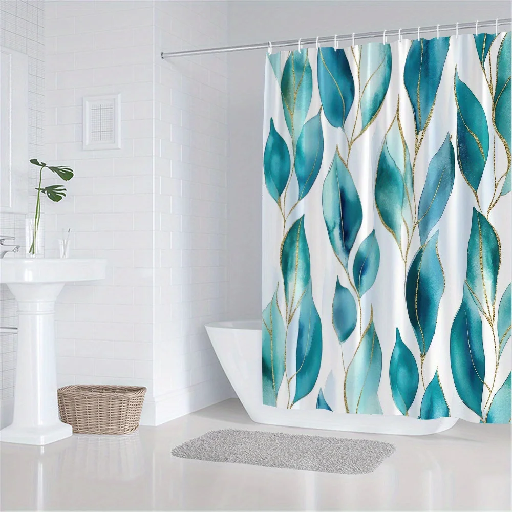 

Акварельная шторка для душа с изображением листьев – бирюзовые листья с золотыми контурами, белый фон, 2D плоская печать, полиэстер, 70,8x70,8 дюймов.