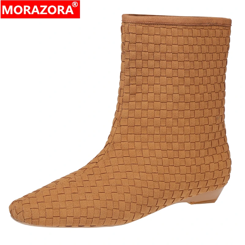 

MORAZORA New Faux Suede Women Boots Slip On Weaving Autumn Winter Ankle Boots For Women Female Ladies Shoes