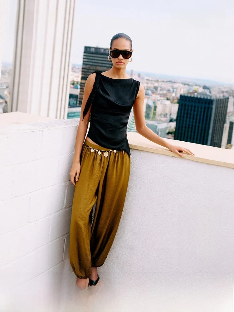 

H&M Summer New Asymmetric Belted Women's Shirt Elegant Style Fitted Polyester Fiber Sleeveless One-Shoulder Garment