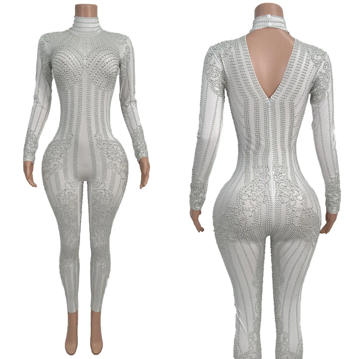 

Белый облегающий комбинезон с жемчугом и перчатками для выступлений, клубов, сцены, для певиц, женский костюм Baigua