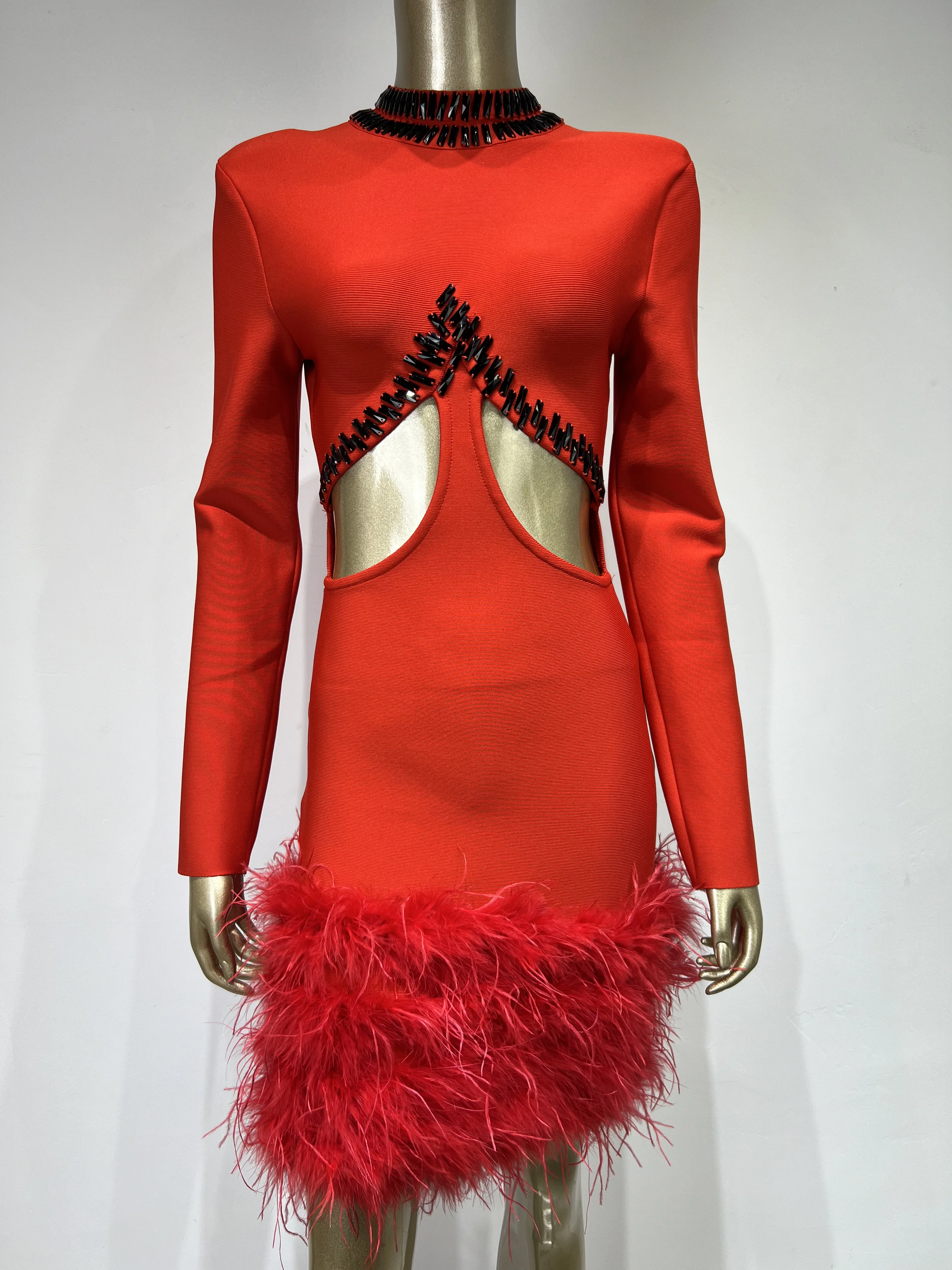 Robe de Soirée Sexy à Manches sulfpour Femme, Tenue Élégante avec Perles et Plumes, Découpée, Rouge, Mini Batterie, 2023