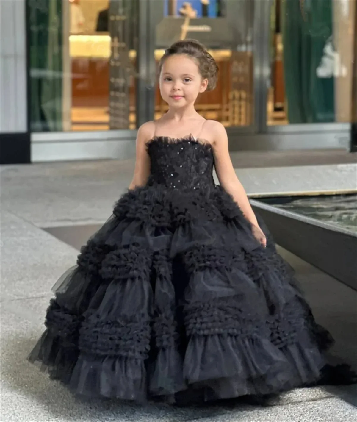 Flower Girl Dress Black Layered Tulle Ruffle Tube Top Sleeveless Wedding Flower Child's First Communion Birthday Party Dress