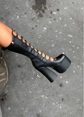 

Punk Women Black Pink Satin Platform Small Buckles Round Toe Platform Chunky Heels Knee High Boots Zipper Side Long Botas Shoes