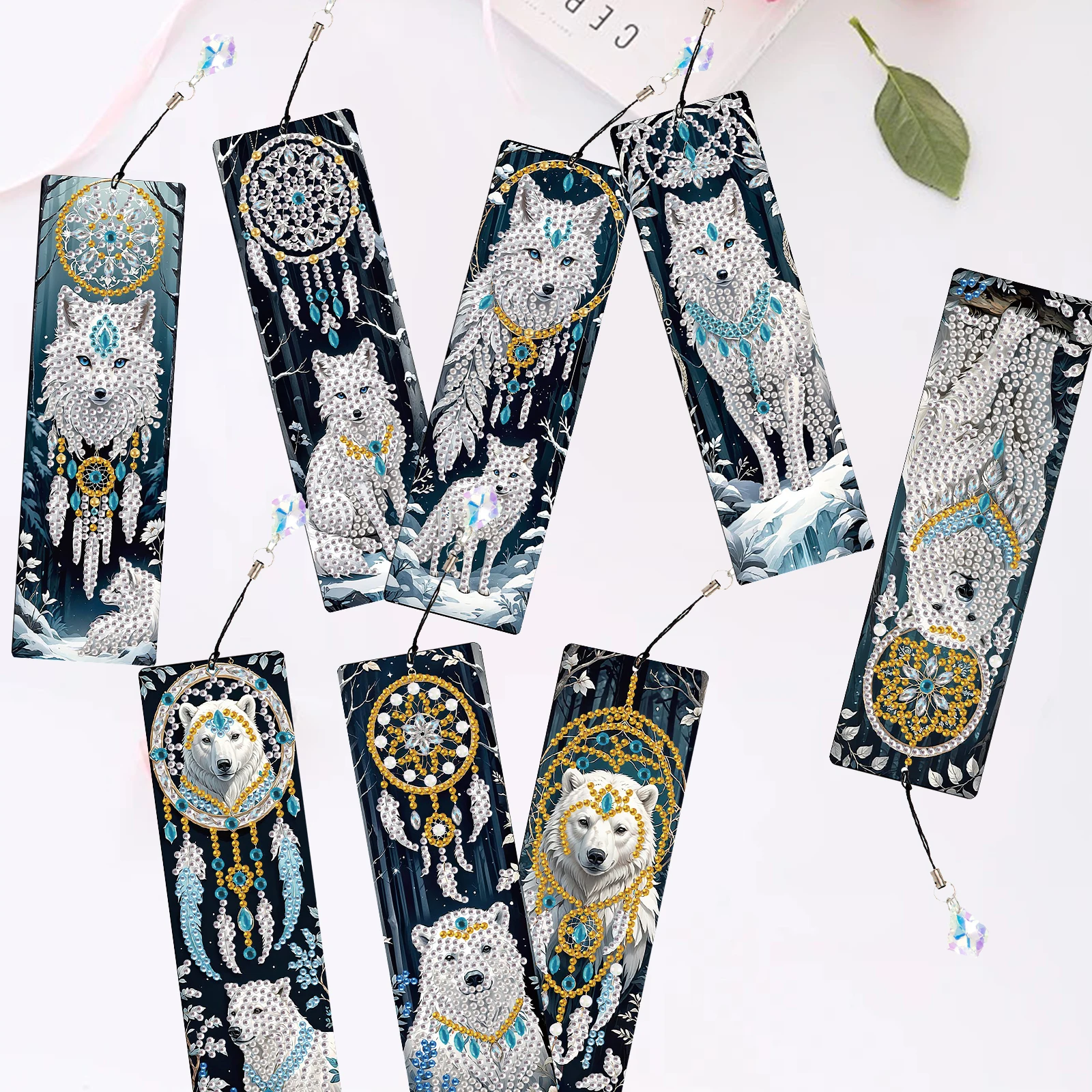 

8 шт., наборы закладок для рисования с бриллиантами, белая лиса и медведь, алмазные художественные подвески, блестящие закладки, офисные подарки ручной работы