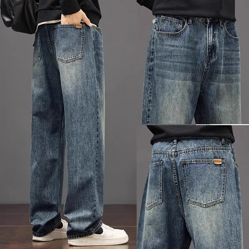 

Мужские утепленные джинсы свободного прямого кроя с флисовой подкладкой, зимние повседневные брюки, широкие длинные штаны в американском стиле, свободный крой