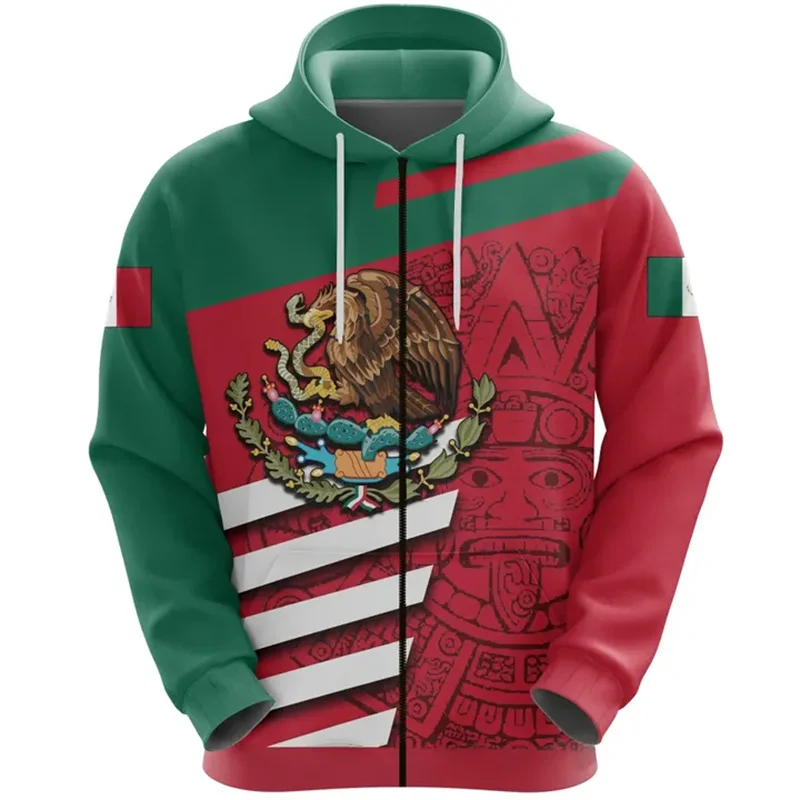 Harajuku 3D Mexico Skull Aztec Warrior Flag Printing Zip Up Hoodies For Men Mexican Coat Ofms Graphic Zip Up Sweatshirts Tops