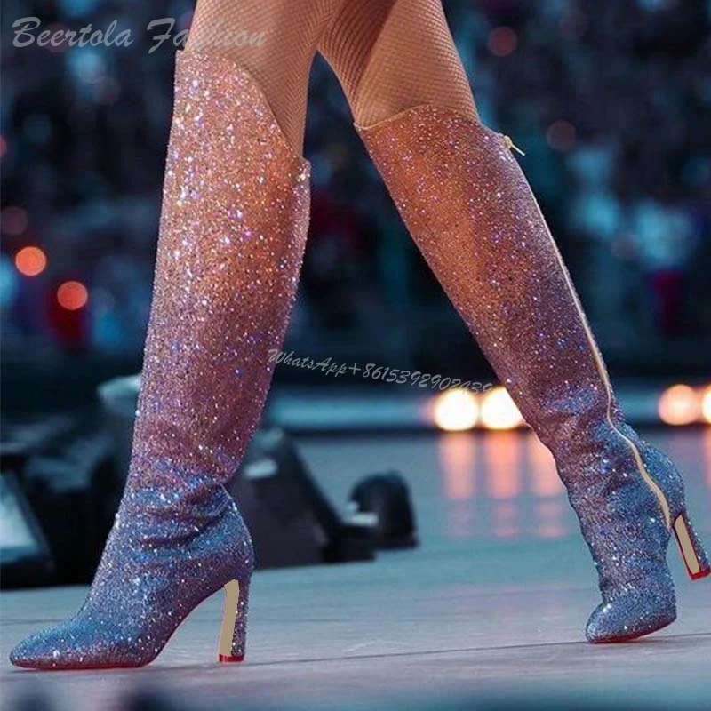 Women Golden Crystal Star Knee Boots Yellow Sequins Silver Diamond Square Zip Booties Sexy Shiny Pointed Toe Stage Dress Shoes