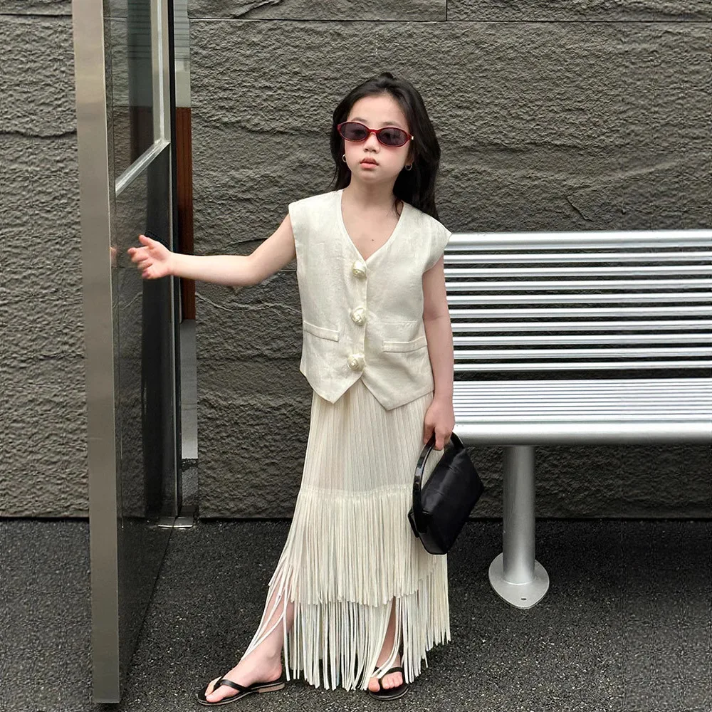 

Solid Color Vest Tassel Skirt Set Simple Temperament Vacation Style 2025 New Summer New Sleeveless Vest Tassel Skirt 2 Piece Set
