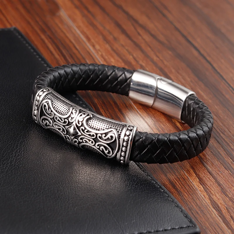 Classic Cross Design Men\'s Leather Bracelet Stainless Steel Handsome Bangles Christmas For Men New Year Jewelry Gifts