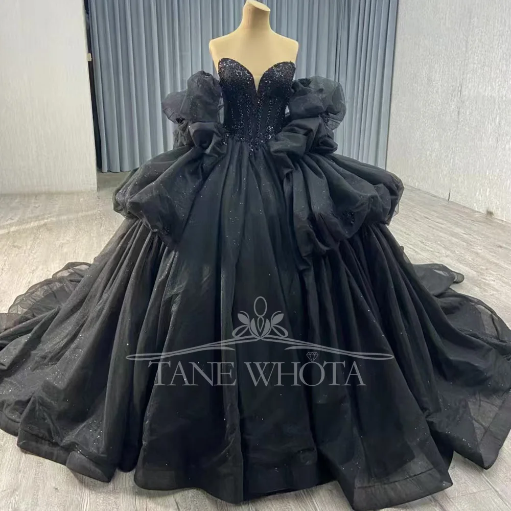 

Black Evening Dress Sweetheart With Detachable Puffy Sleeves Beading Lace-Up Back Customizable Ball Gown Luxury Prom Gown