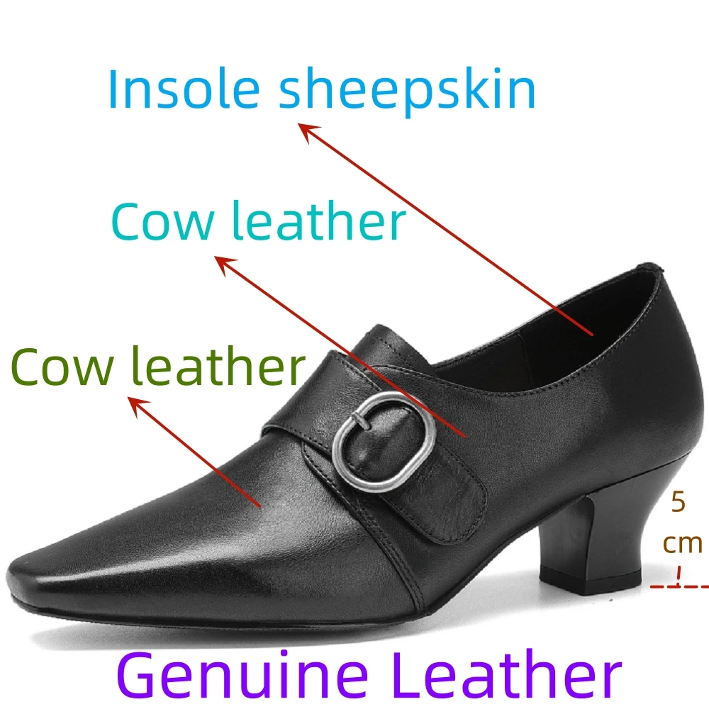 【JOCHEBED HU】Women Handmade Genuine Leather Soft and comfortable Square Toe Upper Thick Heel Single Shoes Easy to Wear Business