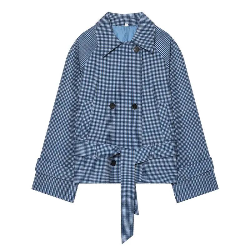 Retro Style Women's Short Coat Windbreaker Plaid Straight Cut Belted Autumn New Arrival Ladies Fashion Compact Outerwear