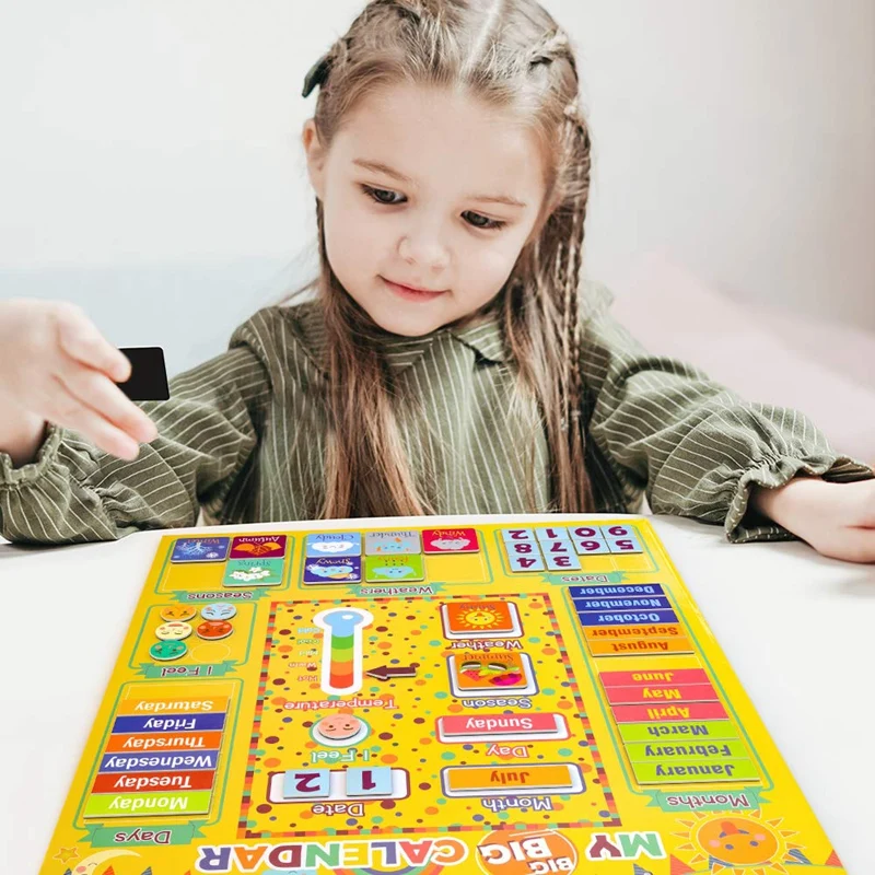 Conjunto de primer calendario magnético diario para niños, juguetes de aprendizaje preescolar, estación meteorológica para niñas y niños, utilizable en la pared o el frigorífico