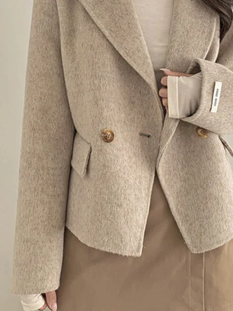 

Chic Autumn Winter Woolen Jaet ort Loose Long Sve Suit Collar Double Button Women's Coat Warm Sli Versatile Commute