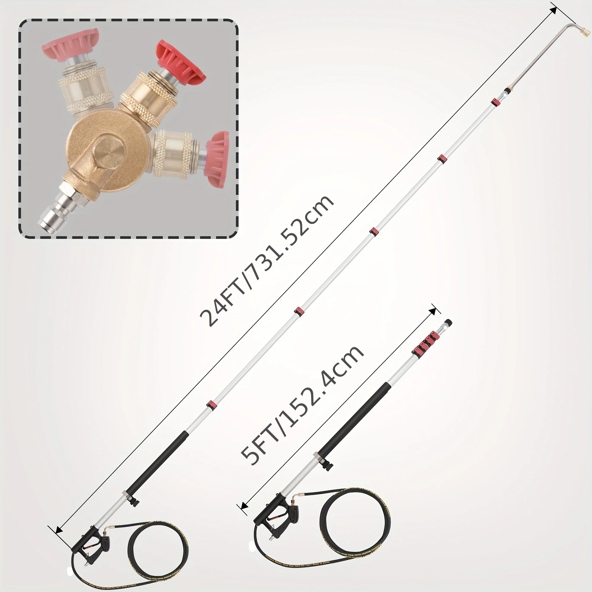 1 Stück Rengue 24 Fuß Teleskop-Hochdruckreiniger-Verlängerungsstange, 5-stufiger Hochreiniger mit 3 Düsen, 7 Sprühmuster