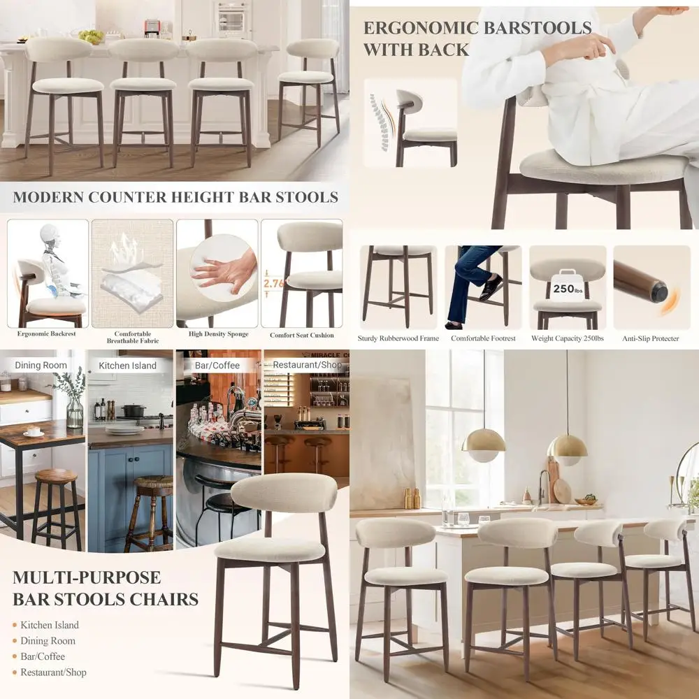 

Комплект из 4 барных стульев для кухонного острова, с обитой спинкой, деревянными ножками, бежевый цвет