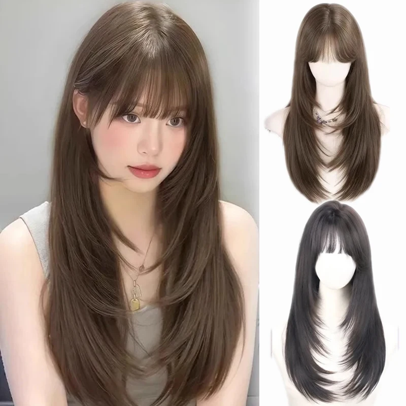 Brown Black Wig Female Simulation Hair High Level Long Hair Air Natural French bangs Fiber Synthetic Wigs for women