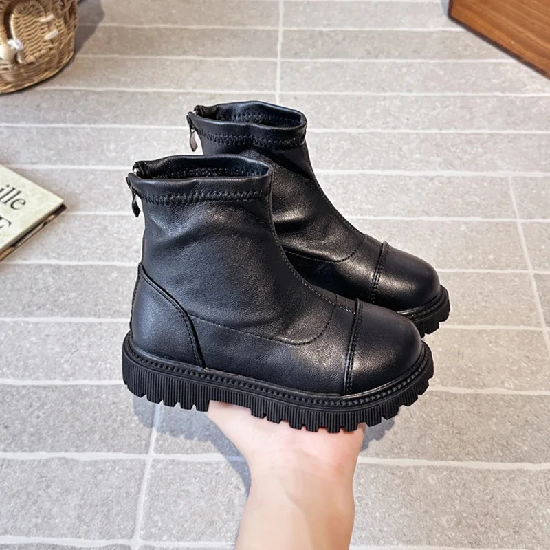 بسيطة الأطفال منصة أحذية قصيرة موضة جديدة الفتيات الأحذية الجلدية الكلاسيكية المدرسة عودة زيبر الاطفال حذاء من الجلد الأسود غير رسمي